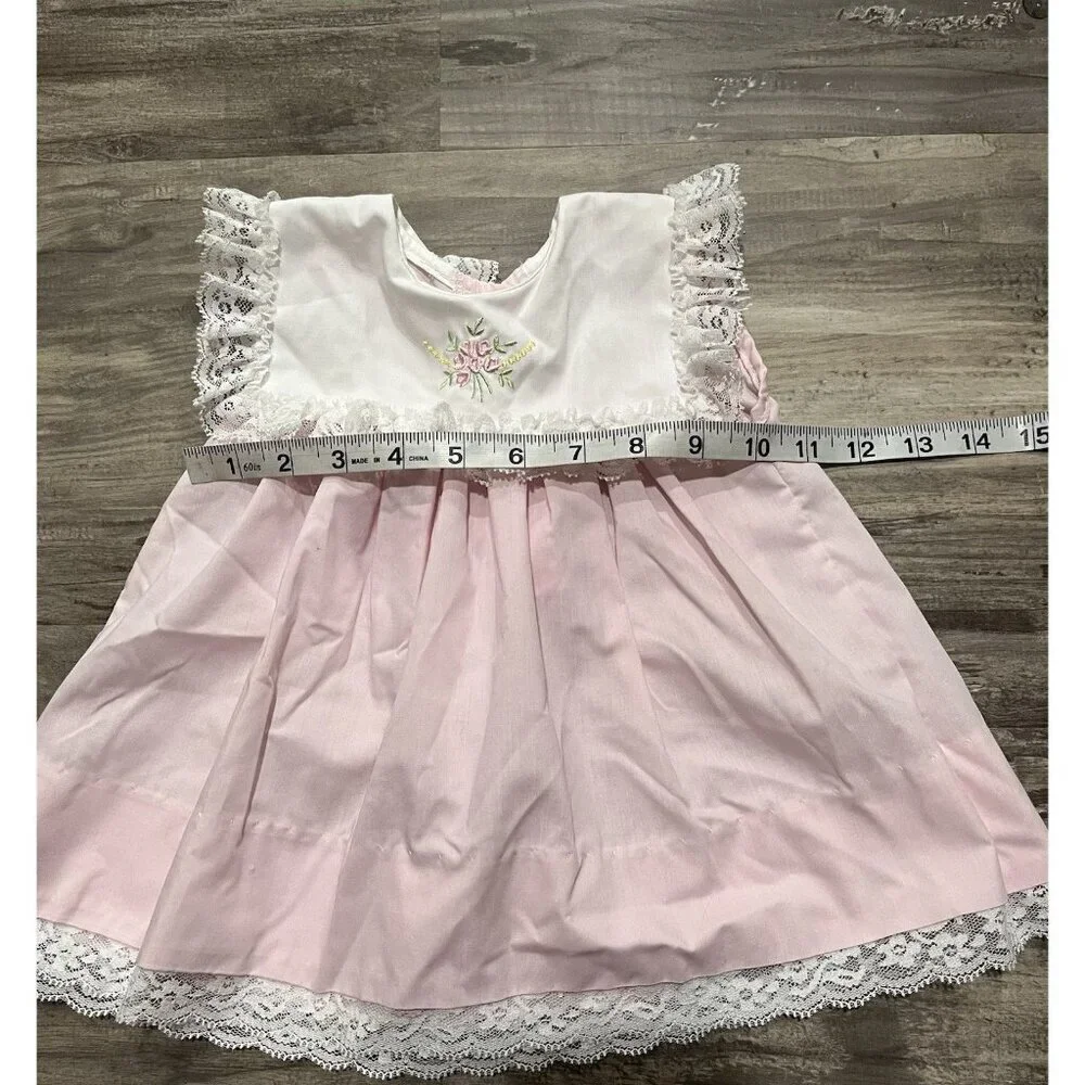 Vintage Girl's Dress 6 Months Party Floral Pink White Bib Lace Trim Flower 90s